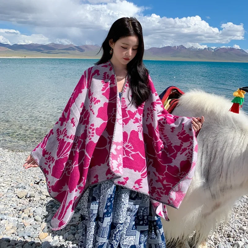 Big flower Poncho ethnic style shawl women's autumn and winter outdoor scarf desert travel cloak versatile Cape