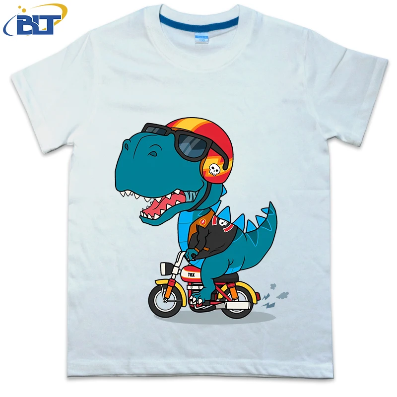 T-rex-男の子と女の子のためのバイカープリントの半袖Tシャツ,カジュアルなコットントップ,夏にぴったり