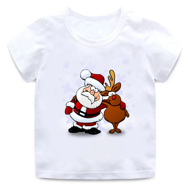 Nuevo regalo de Navidad de Papá Noel con estampado de dibujos animados para niños y niñas, camiseta blanca de cuello redondo para niños, ropa de manga corta