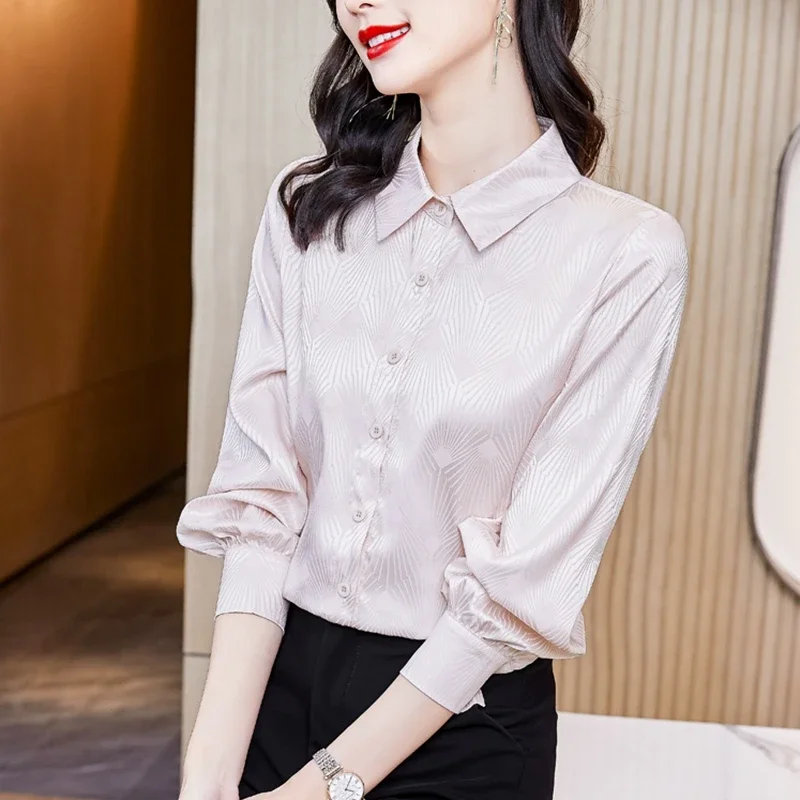 

Fashion Striped Plaid Jacquard Satin Silk Shirt Women Blouse Office Ladies OL Work Shirt Long Sleeve Spring Autumn Tops Clothes