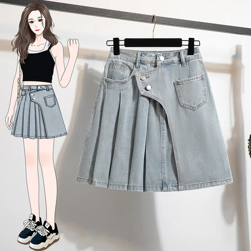 

Юбка А-силуэта с высокой талией, ретро-стиль, джинсовая, больших размеров, женская, летняя, хлопковая, с вставками, для повседневной носки, однотонная, из чистого хлопка