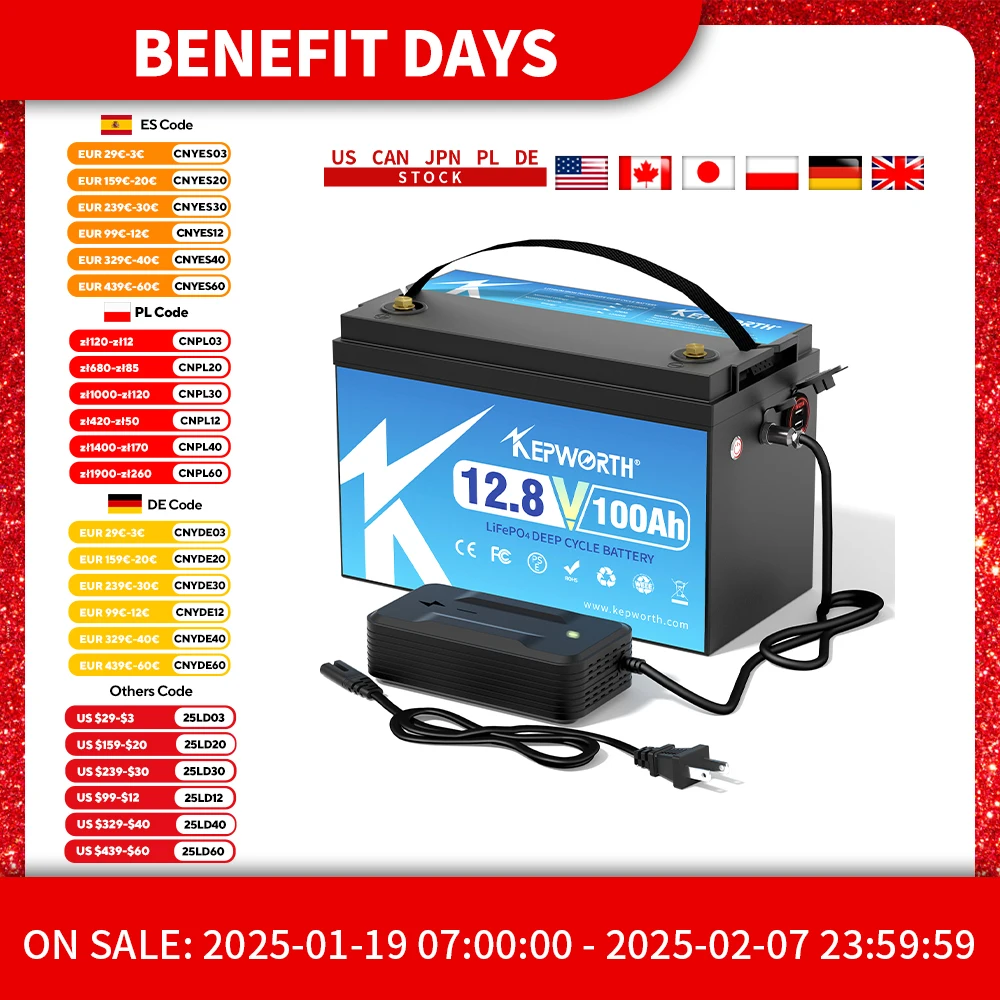 KEPWORTH New 12V 100Ah LiFePO4 Lithium Iron Phosphate Battery 1200Wh Lithium Iron For RV Campers Solar Golf Carts Marine