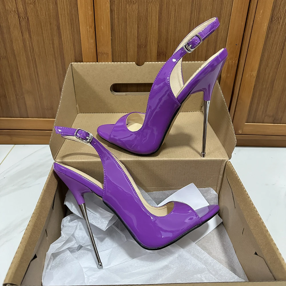 

Яркие фиолетовые босоножки на шпильке из лакированной кожи на очень металлическом высоком каблуке 16 см, пикантная мужская обувь унисекс с открытым носком
