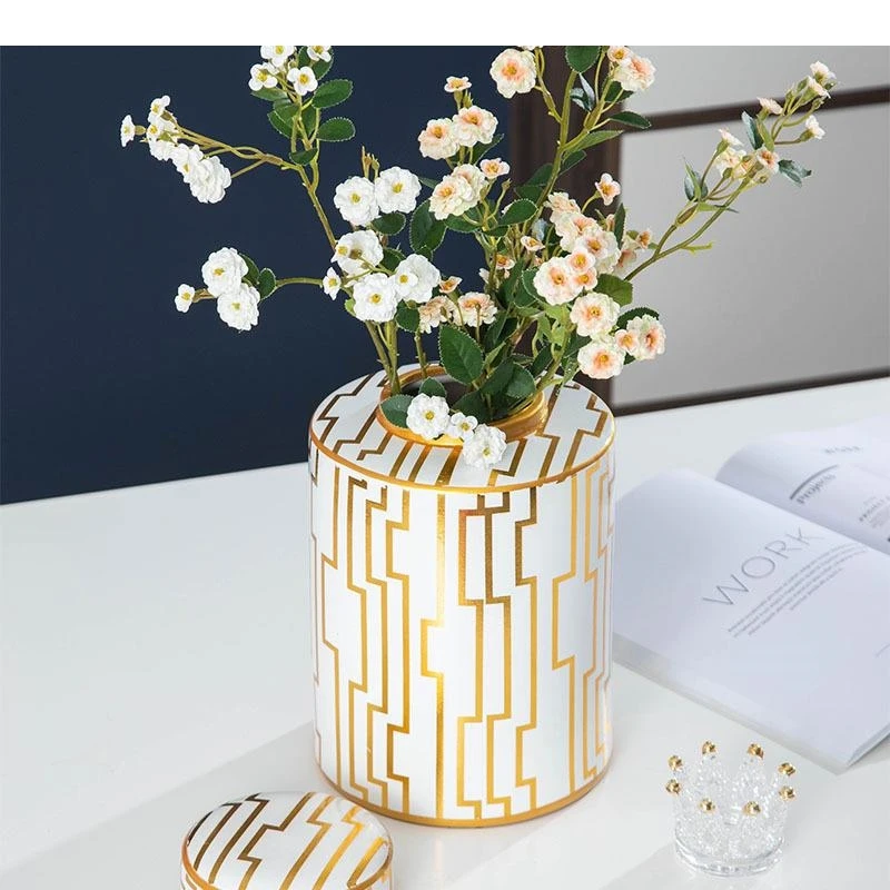 Ceramic Vase Storage Jar Flower Arrangement Decoration Golden Stripes Candy Sundries Sealed Home