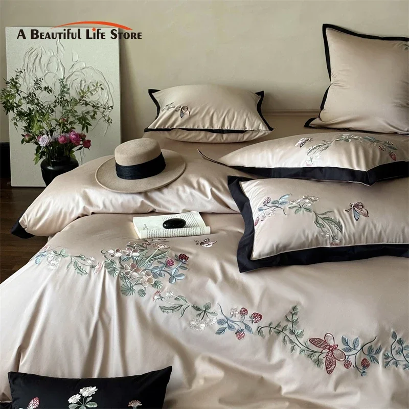 

1000TC Egyptian Cotton Butterfly Flowers Embroidery Bedding Set Duvet Cover Set Flat/Fitted Bed Sheet Pillowcases Home Textiles