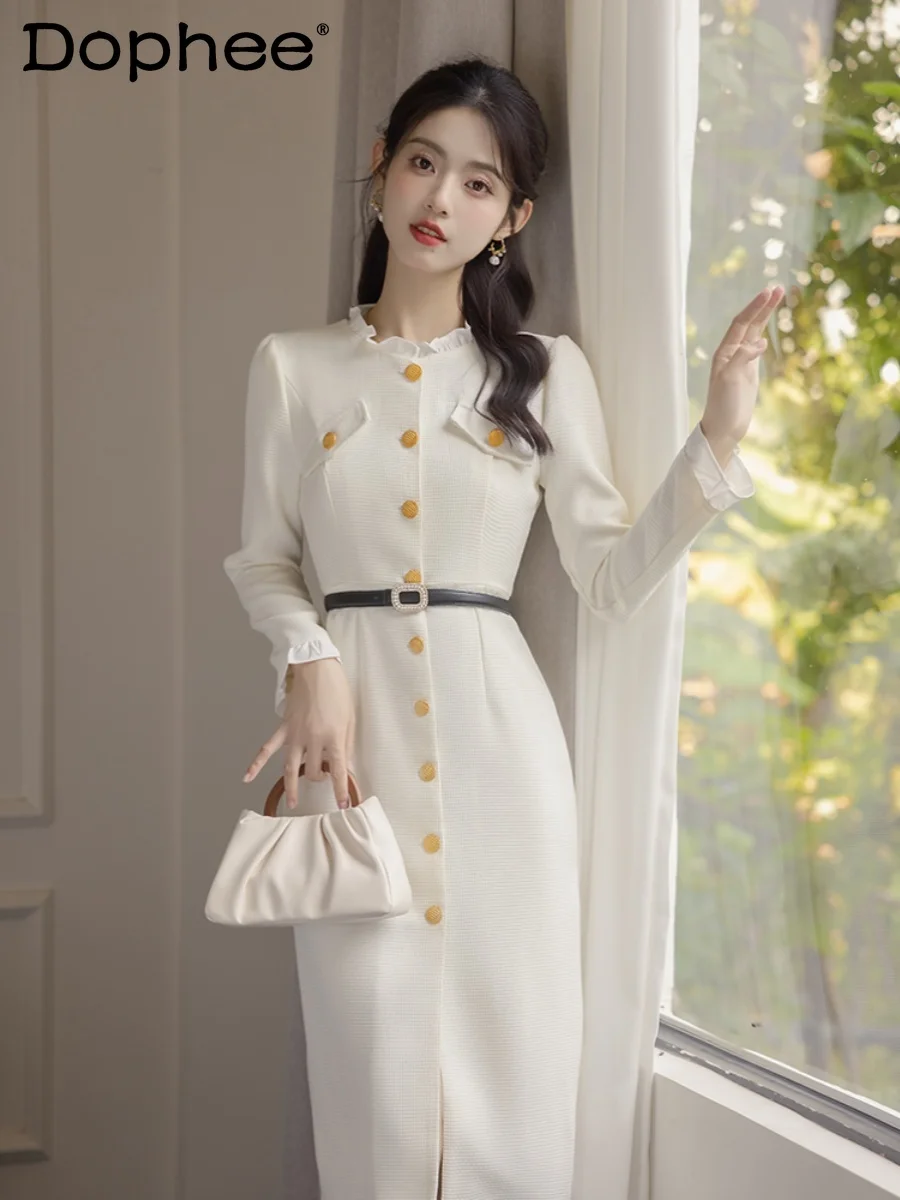 

Commute Style Pleated Round Neck Single-Breasted Mid-Length Dress for Women 2024 Spring New French Long Sleeve Temperament Dress