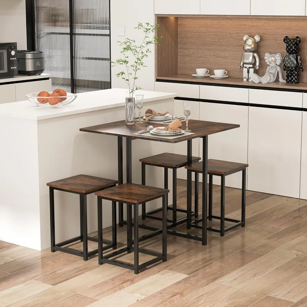 Dining Table Set for 4, Small Kitchen Table Set with Square Stools and Metal Frame, Perfect for Small Spaces, H
