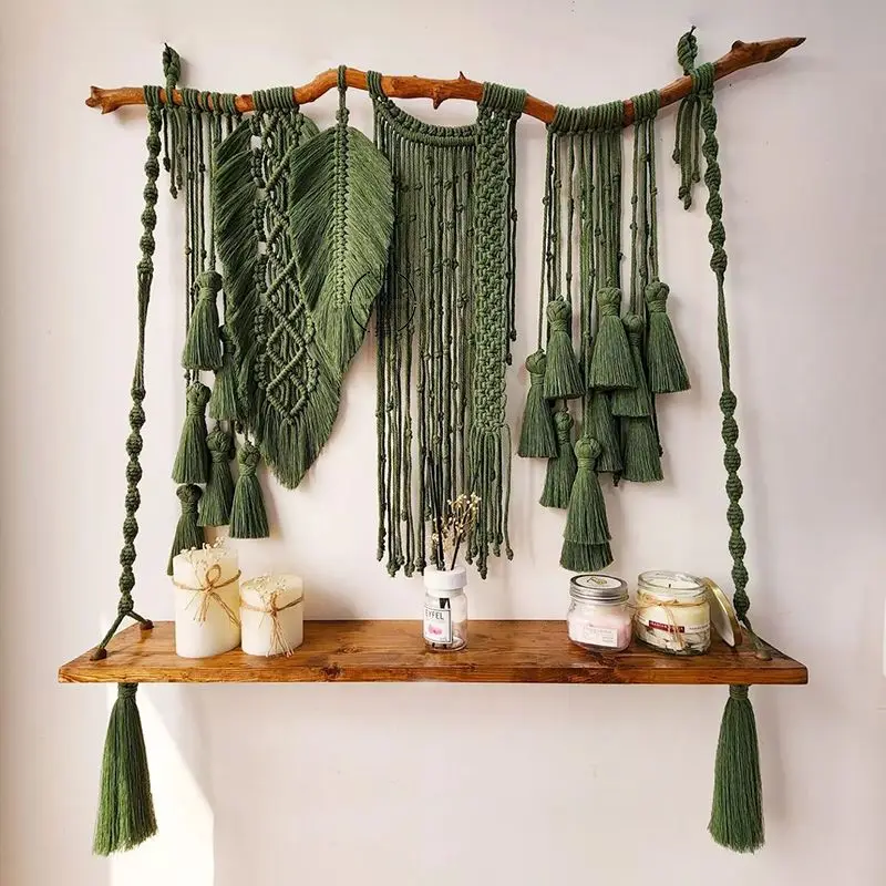 

Bohemian Style Handwoven Wall Hanging Basket Shelf Partition Decorative Storage for Balcony Airbnb Bed Head Cotton Tapestry