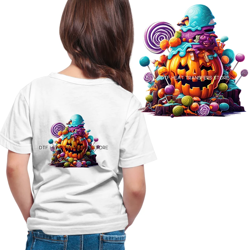 Candy Halloween Pumpkin Girl Pattern Iron On Transfer Vinyl Heat Transfer Thermal Stickers On Clothes Kids Appliques