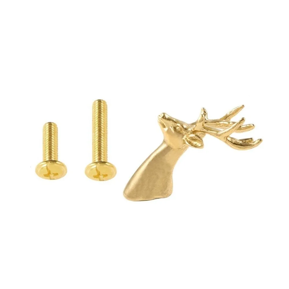 Retro Brass Cabinet Pull Vintage Single Hole Solid Deer Head Drawer Handle Animal Series Push-pull