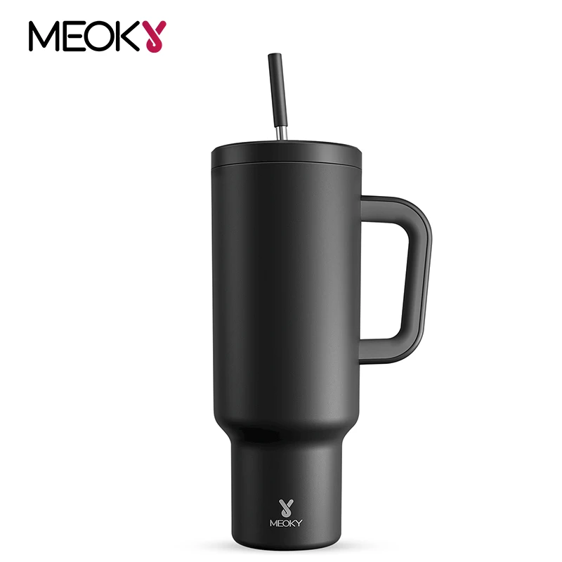 

Meoky 50oz/1480ml Big Straw Cup Stainless Steel Thermal Insulation Double Wall Simple Black Leak-Proof Non-Slip Portable Cup