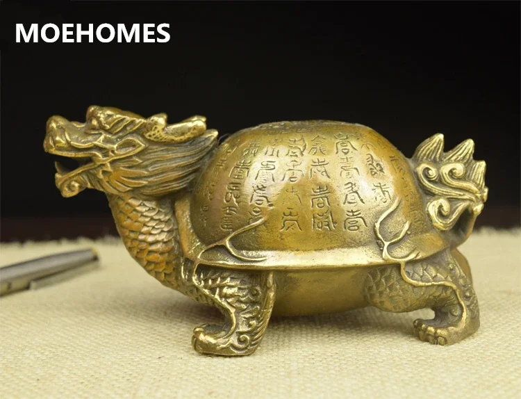 Kuno Cina Kuno FengShui Perunggu Umur Panjang 100 ShouZi Dragon Turtle Patung Vintage Dekorasi Rumah Logam Kerajinan Tangan