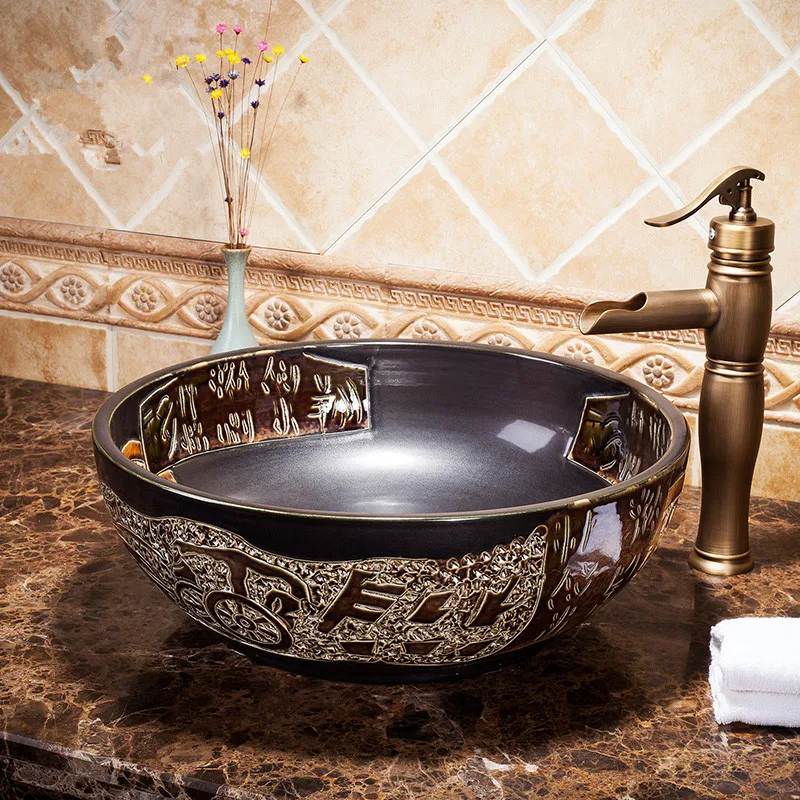 

Black round Engraving Europe Style Handmade Countertop Bathroom Basin Bathroom Sink porcelain Ceramic wash basin bathroom sink