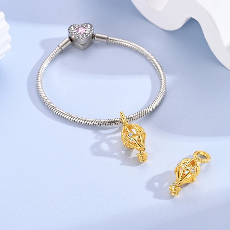 Leuchtender Heißluftballon-Anhänger aus 925er Sterlingsilber mit Zirkonia, passend für Armbänder, Anhänger, DIY-Schmuck, Geschenk für Frauen – Detail 12