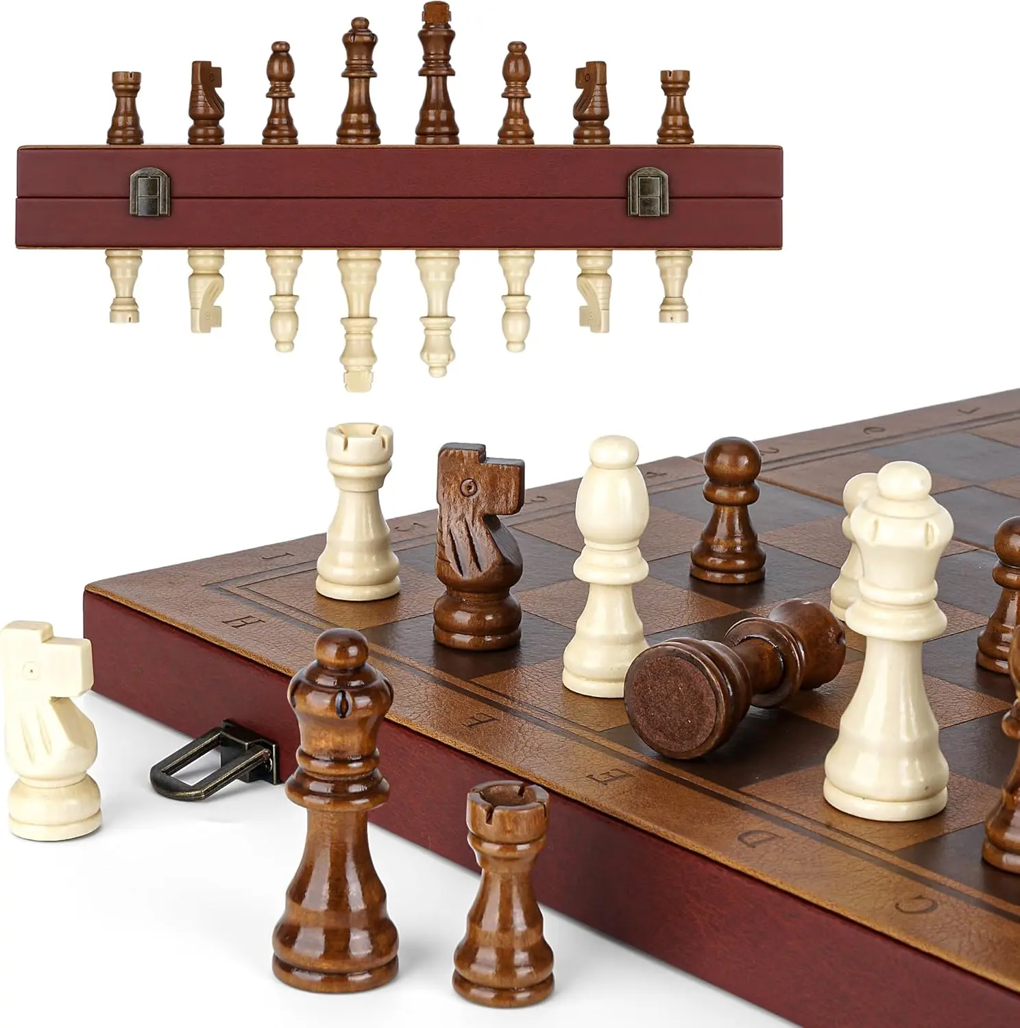

Portable Magnetic Chess Set with Leather Board & Wooden Pieces, Travel Chess Game for Adults & Kids