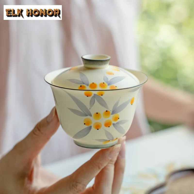 125ml Hand-painted Loquat Cover Bowl Zen Ercai Tea Tureen Boutique Ceramic Gaiwan Vintage Tea Brewing Cafes Gift Teaware Crafts