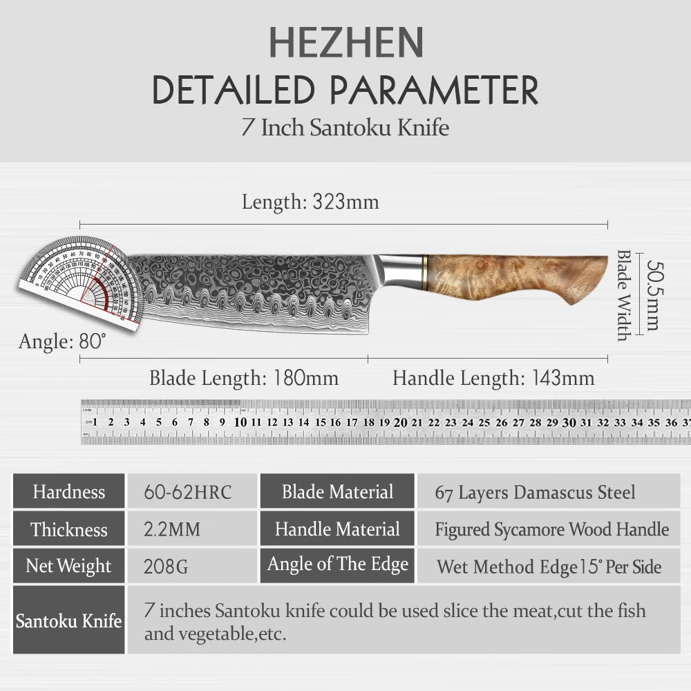 HEZHEN 7 inch Santoku Knife Real 67 Layer Damascus Super Cook Tools Super Sharp High Quality Kitchen Ham Slicing Knife Cleaver