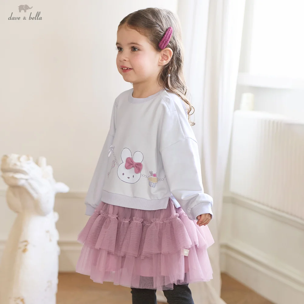 Dave Bella Girls Dress Autumn Spring Sweatshirt Mesh Dresses Long Sleeve Cute Printed Sweet Bow Children Party Clothes DB3262922