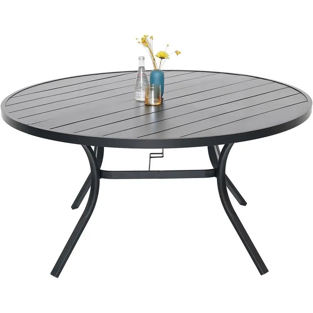 

All-Weather 8-Seater Black Metal Patio Table with Adjustable Umbrella Hole