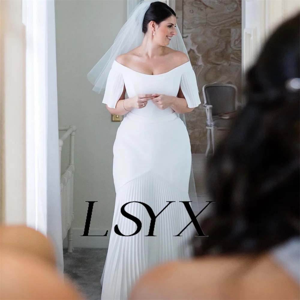 LSYX-Vestido de Noiva Sereia Barco-Pescoço para Mulheres, Pregas, Crepe Inferior, Zipper Voltar, Comprimento do Pavimento, Vestido De Noiva, Feito Sob Medida