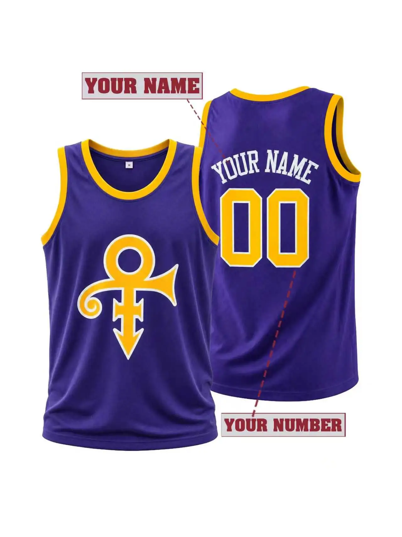 Personalized Purple Gold Basketball Jersey Custom Name Number Retro Prince Symbol Embroidery Mesh Sleeveless Men Women Jersey