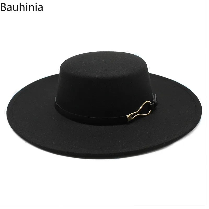 Bauhiniua Wool Felt Fedoras Jazz Cap 2022 Winter Warm Flat Top Hats 10CM Big Wide Brim Solid Color Church Hats