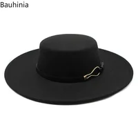 Bauhiniua Wool Felt Fedoras Jazz Cap 2022 Winter Warm Flat Top Hats 10CM Big Wide Brim Solid Color Church Hats - Image 5