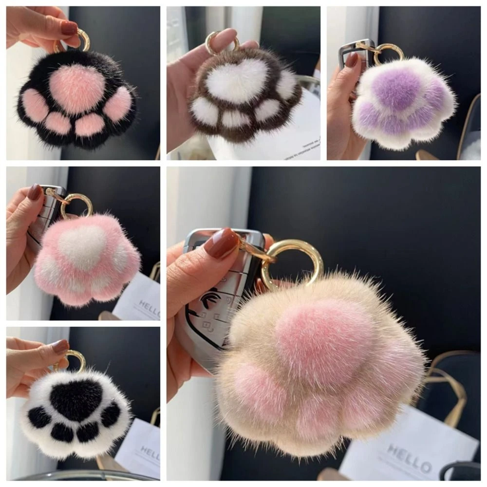 Bag Charm Stuffed Animal Cat's Paw Fur Keychain Furry Pompom Cat's Paw Stuffed Keyring Kawaii Cat's Paw Pendant Women Girls