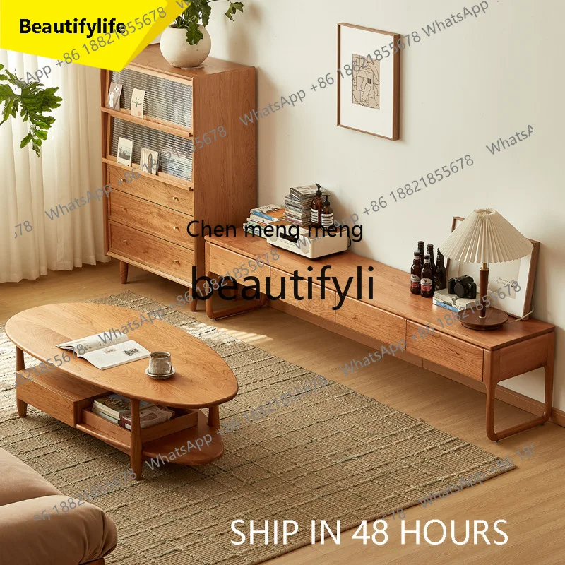 CC Nordic solid wood TV cabinet coffee table combination modern simple living room cherry wood locker