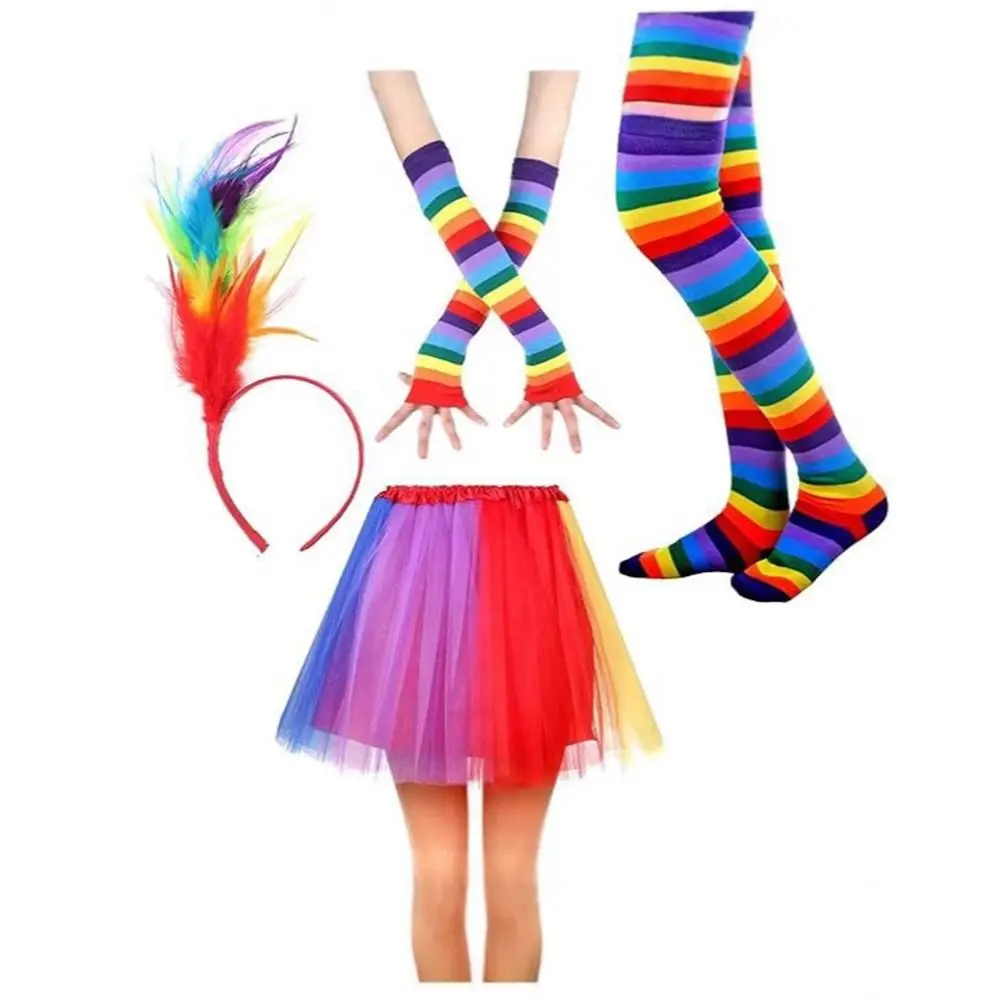 

Colorful Rainbow Tutu Skirt Pride Day Feather Headband Party Costume Accessory Set Durable Soft Rainbow Striped Socks & Gloves