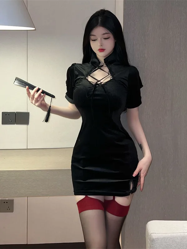 Lingerie velata in rete di pizzo trasparente Cheongsam tentazione uniforme mini abito attillato diviso elegante dolce donna top FGH2