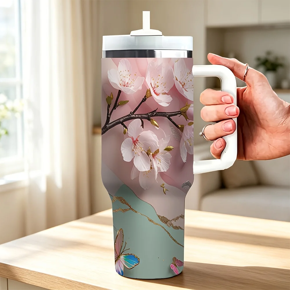 1pc 40oz Stainless Steel Tumbler with Handle Lid Straw Cherry Blossom Butterfly Branch for Daily Outdoor Travel Car Use