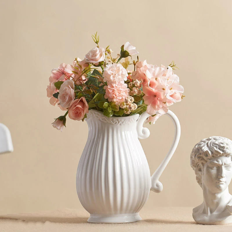 

Ceramic Kettle Flower Vase Pure White Flower Arrangement Milk Pot Home Decor Pot Bottle Country Style Creativity Desktop Vase