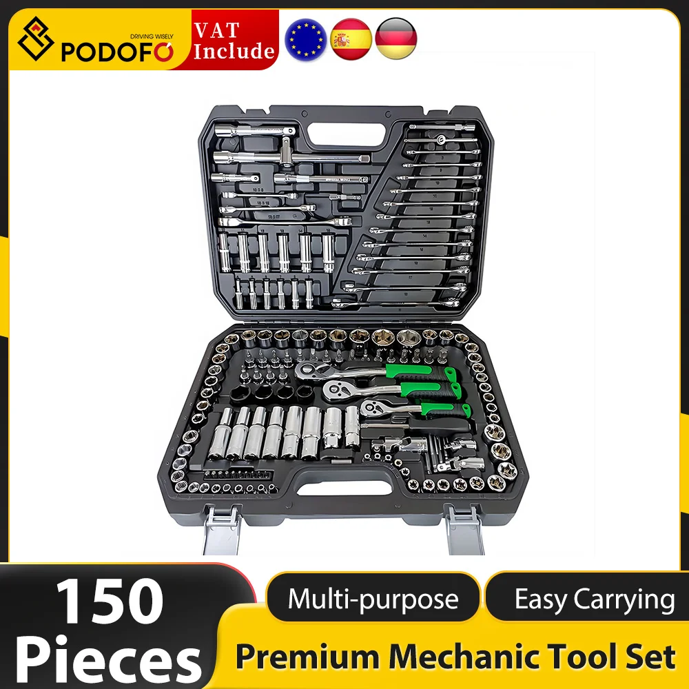 Podofo Premium Mechanic Tool Set Durable Multi-Drive 150 Piece Socket Sets with Quick Release 72-Tooth Ratchet Wrenches Kit