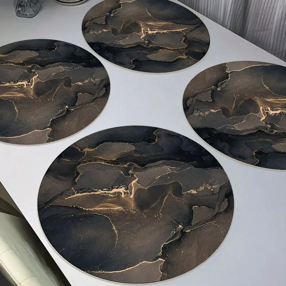 Pieces Round Faux Leather Vinyl Placemats 15inch Christmas Marble Black Gold Table Mats, HeatResistant NonSlip Surface, Elegant