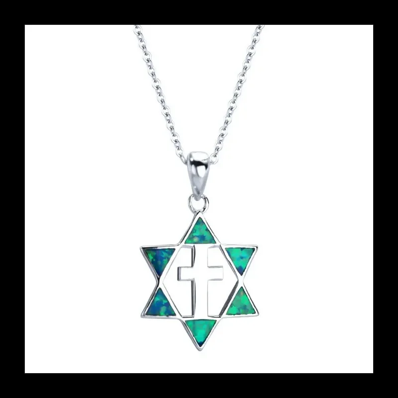 الأزرق أوبال S925 الفضة السداسية الصليب قلادة الأزياء والمجوهرات الاتجاه تنوعا #5