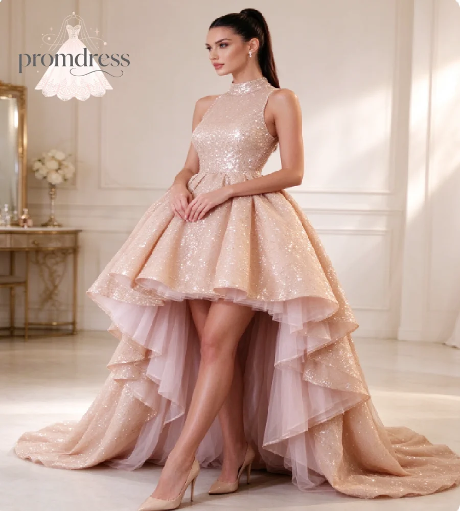 Champagne Sequin Hi Low Evening Gowns Sparkly Tiered Ruffles Birthday Dresses Sexy O Neck Sleeveless Prom Dress Cocktail Party