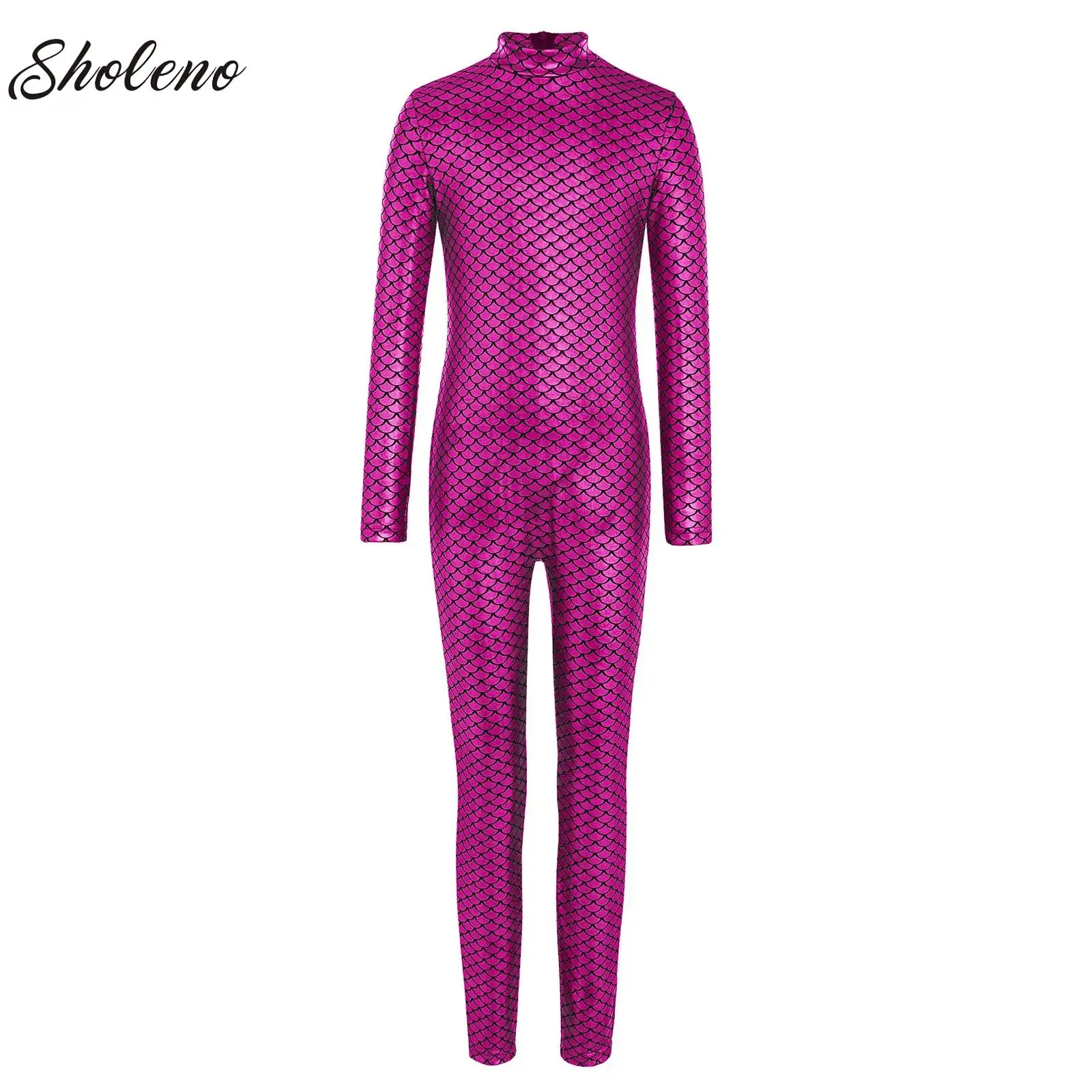 

Kids Girls Figure Skating Dance One Piece Leotard Gymnastics Metallic Fish Scales Jumpsuit Mesh Sleeve Bodysuit Mermaid Costume