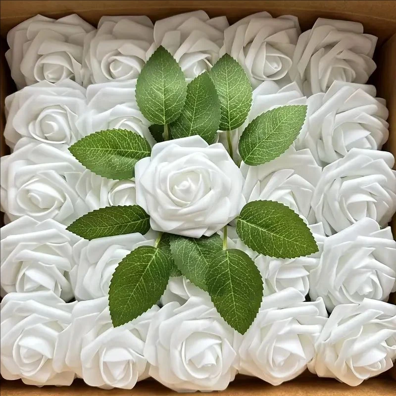 

25Pcs/Lot White PE Rose Flower Heads with Stem, Artificial Roses for DIY Bouquet Wedding Party Decor