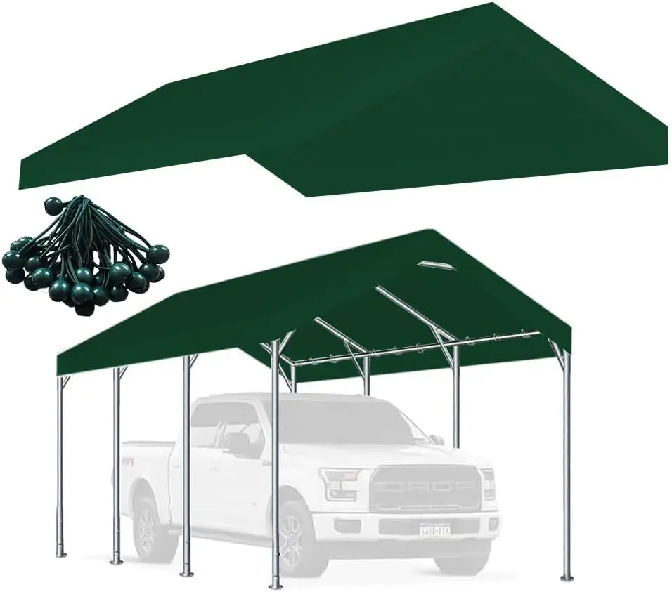 10 x 20 FT Carport Replacement Cover, Heavy Duty Car Tarp Canopy Tent Replacement Top w/Ball Bungees Green (Only Top Cover
