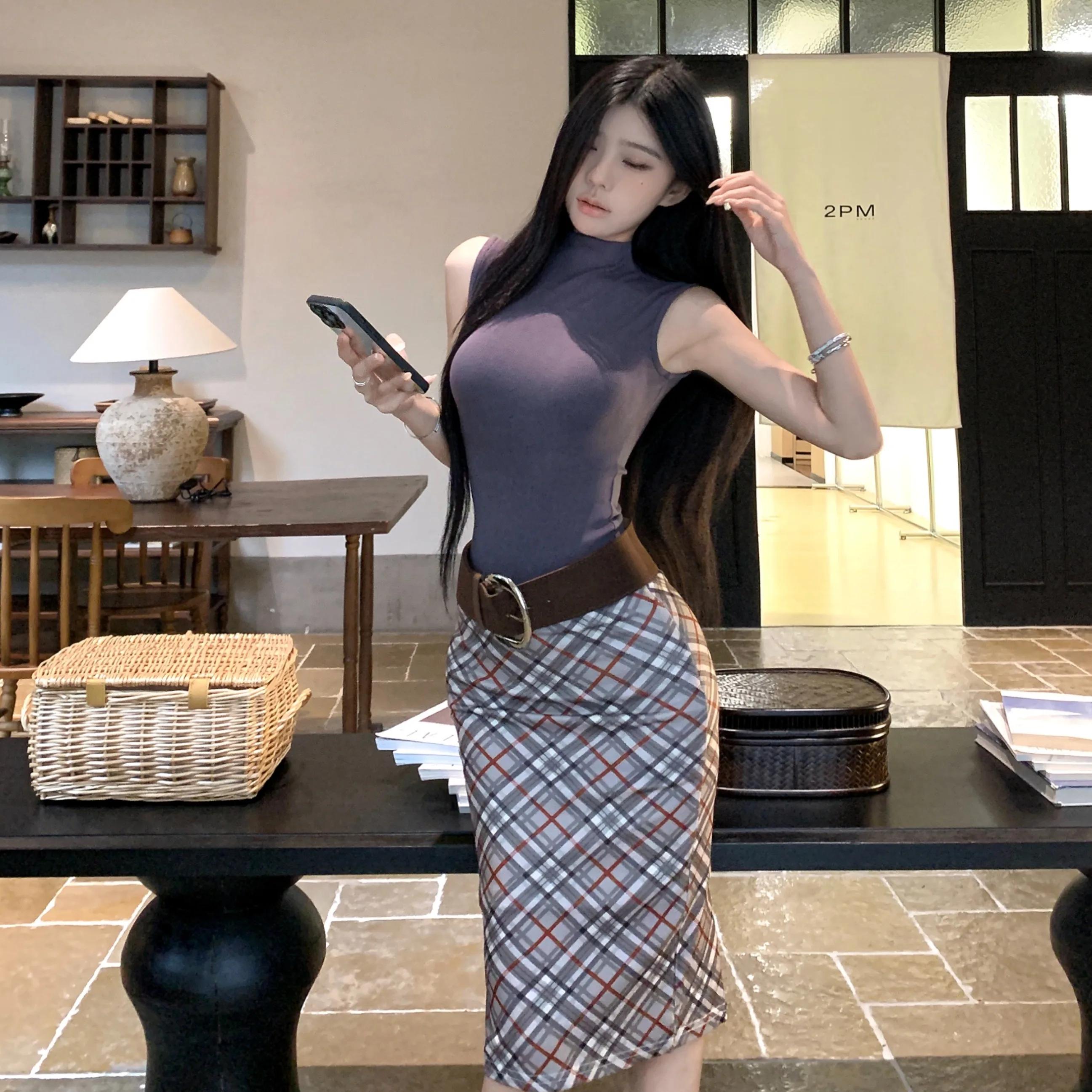 

Vintage Sexy Plaid f High Collar Svel Vest Top And Skirt Set Summer 2025 Faion Women's Clothing Ensemble