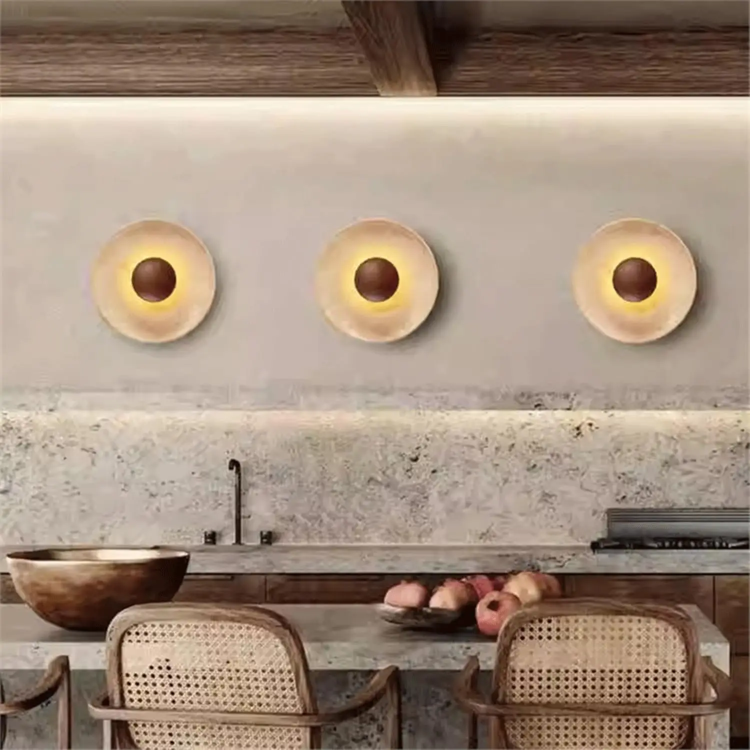 Natural Travertine LED Wall Lamp Stone Bowl Wooden Base Wall Sconce  for Bedside Bedroom Living Room  Hallway Lighting Fixture