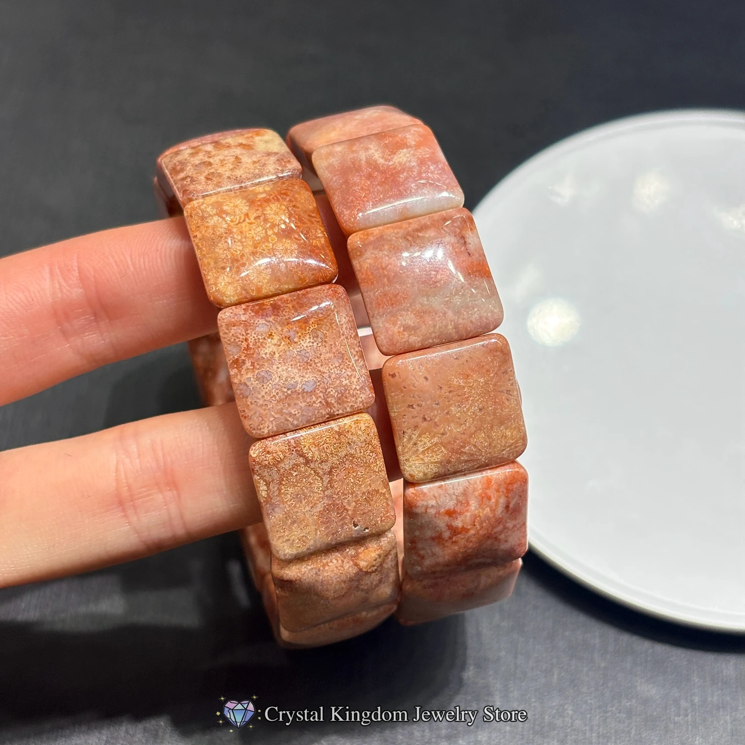 

Natural Colourful Coral Ocean Jade Slab Bracelet, Elastic Stretch Band, Gemstone Jewelry, Artistic Aesthetic Gift for Birthday