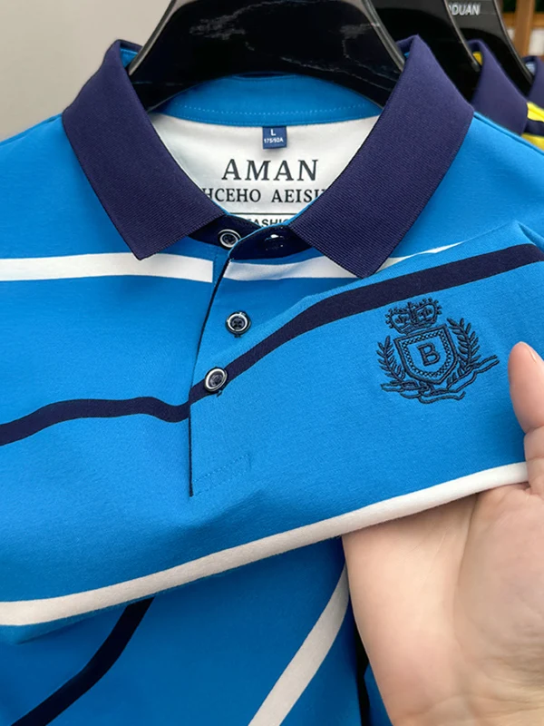 

Men's Stripe irt Summer Breathable Pure Cotton Casual ort Sve T-irt New Embroidery Busin Casual Top Men