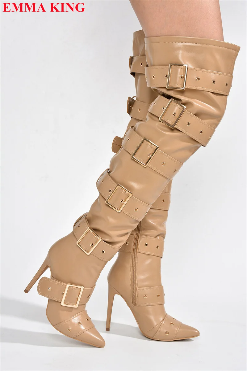 موضة أحذية نسائية بكعب عالي فوق الركبة موضة 2023 أحذية بوت عالية بحزام مشبك للخريف والشتاء أحذية طويلة للسيدات
