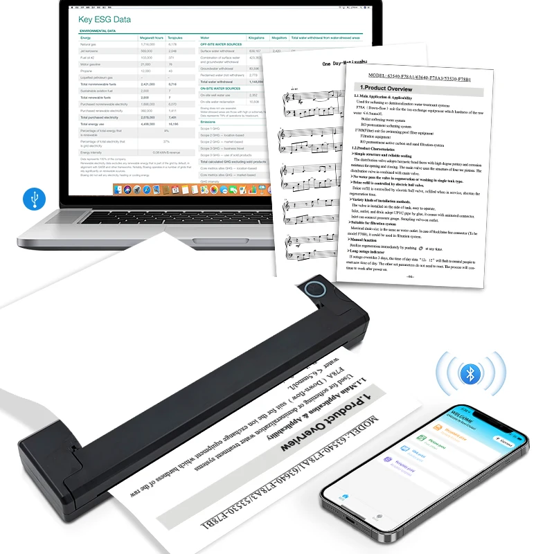 

A4 Mini Pocket Thermal Printer Black and White Wireless Handheld Inkless Document Printer for Home or Office