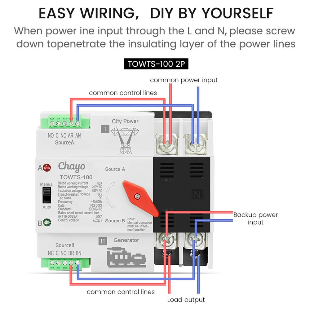 Din Rail 2P 3P 4P ATS Dual Power Automatic Transfer Switch Electrical Selector Switches Uninterrupted Power 63A 100A TONGOU Mini