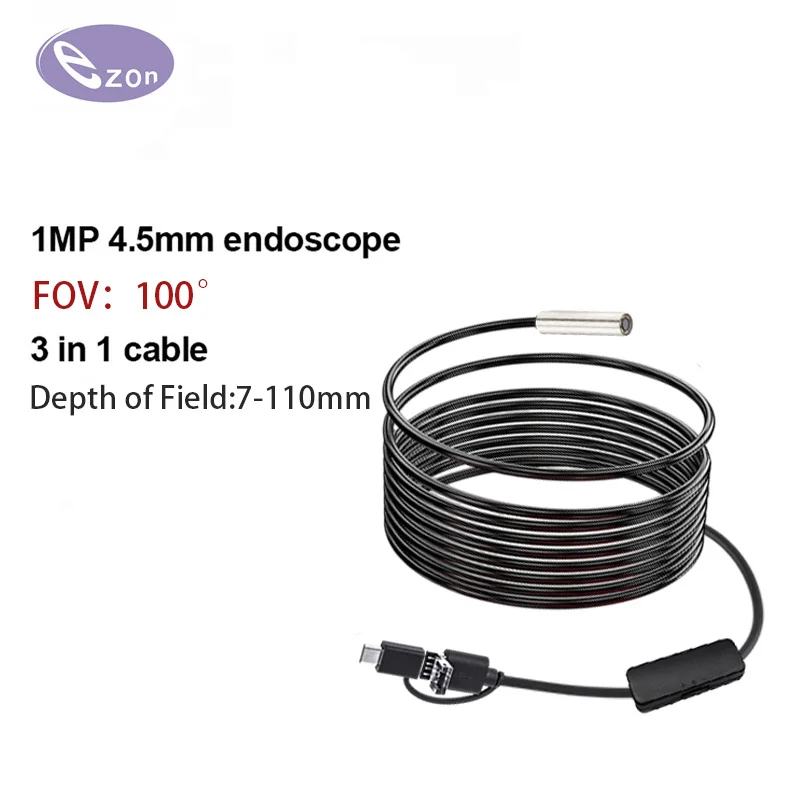 1MP 4.5mm FOV 100° wide angle industrial endoscope for pipeline inspection 1.5m USB Android 3-in-1 soft cable endoscope camera