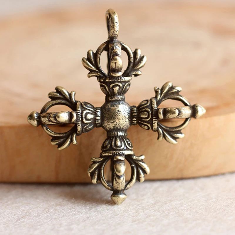 Vintage Brass Cross Vajra Diamond Pestle Key Chain Pendant Car Bag Ornaments