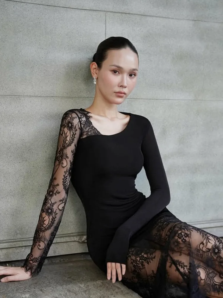 Ahagaga sexy vestidos femininos rendas retalhos mangas compridas sheer fino ajuste bodycon tendência básica eelgant feminino vestidos robes clube